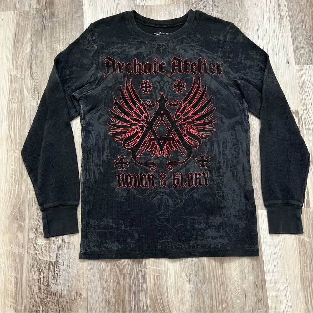 Archaic Affliction Mens Long Sleeve Thermal Large Black Red Saints Prayer Y2K